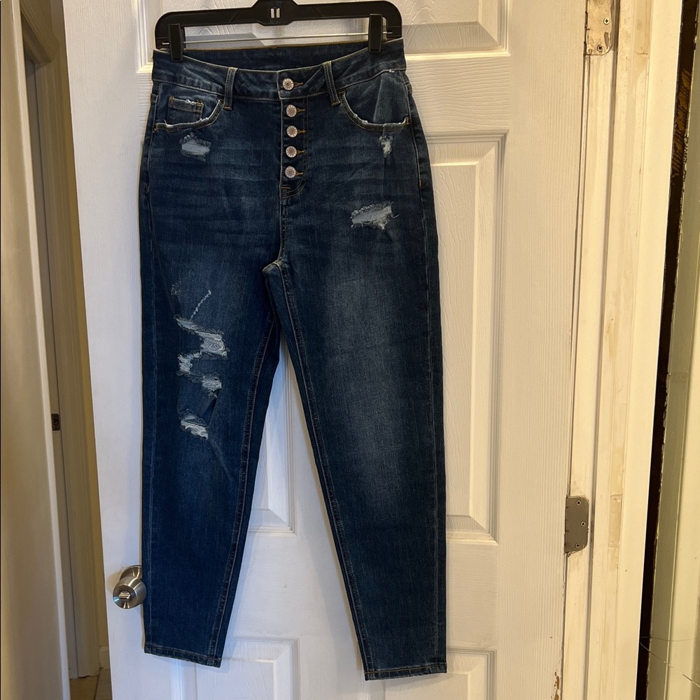 High-Rise Distressed Button fly Women's Jeans - Dark Blue